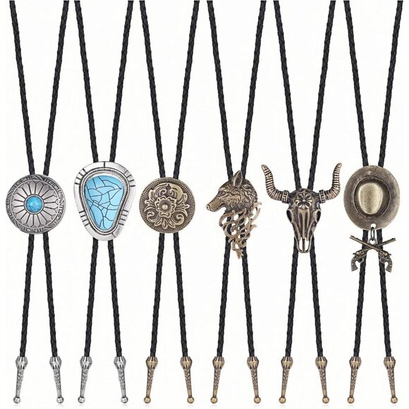 6Pcs Bolo Tie Set for Men, Western Cowboy, Turquoise & Tiger Eye Stone Neck Tie - Picture 1 of 9